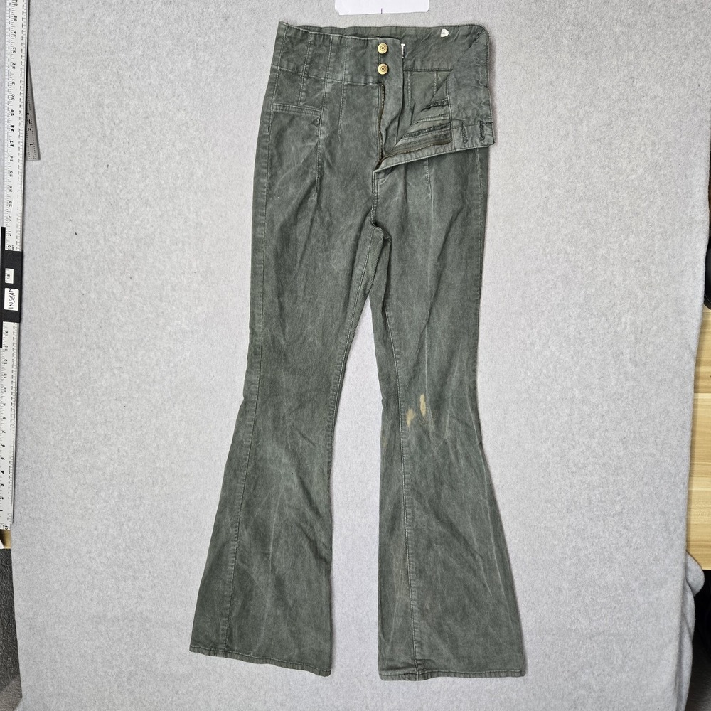 We The Free Women Pants 27 Green Jayde Corduroy Flare Button 32" Inseam READ